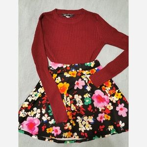 Floral Skirt and Red Sweater